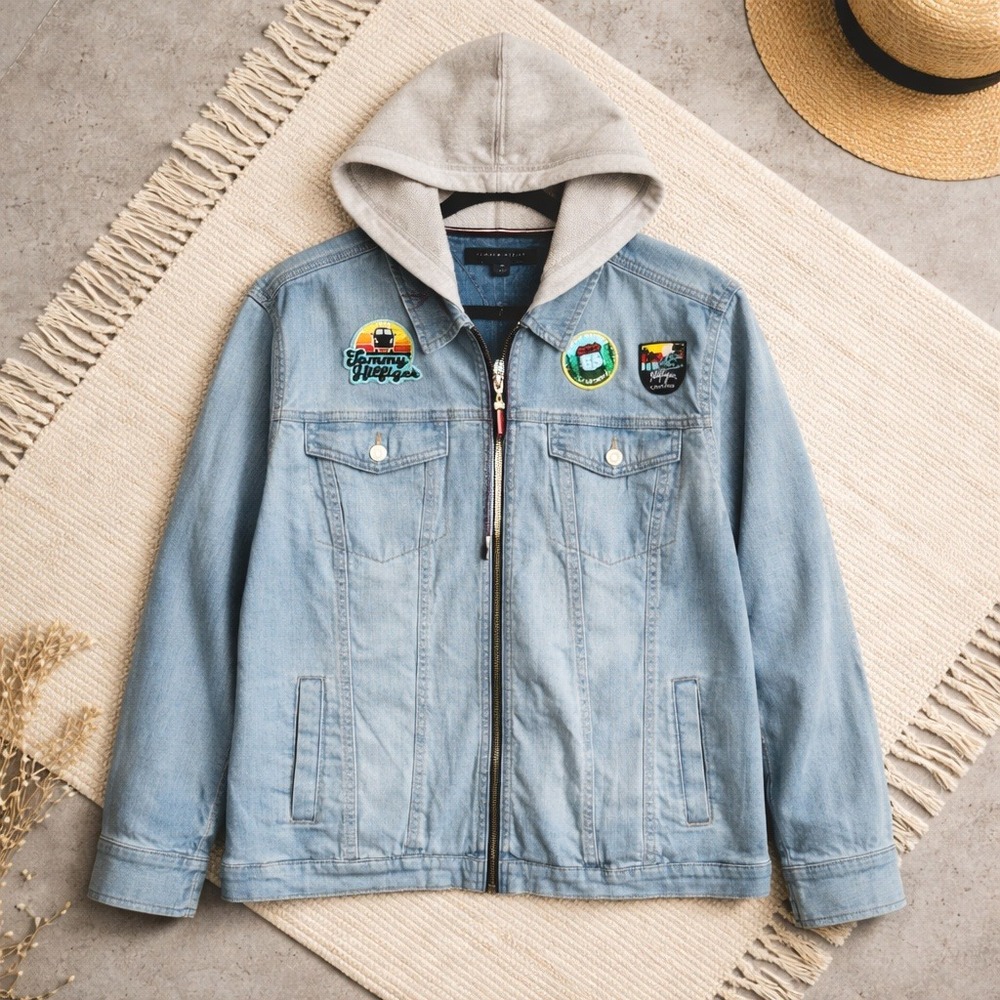 Tommy Hilfiger 2X Hoodie Women Full‎ Zip Denim Jacket Patches Acid Wash